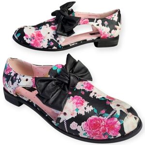 Iron Fist Black/Pink "Buns N Roses" Oxford Flats Bow Floral Print Goth Punk 11